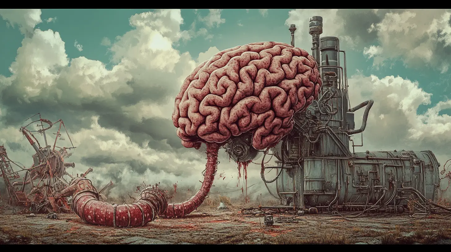 Cerveau surréaliste sortant d’une machine à saucisses steampunk