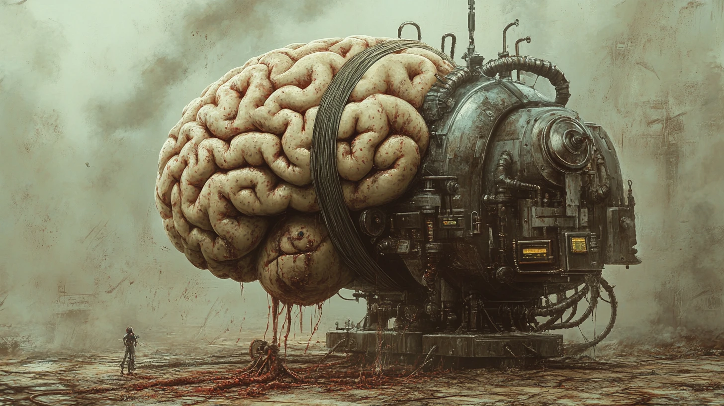 Surreal brain emerging from a steampunk sausage machine