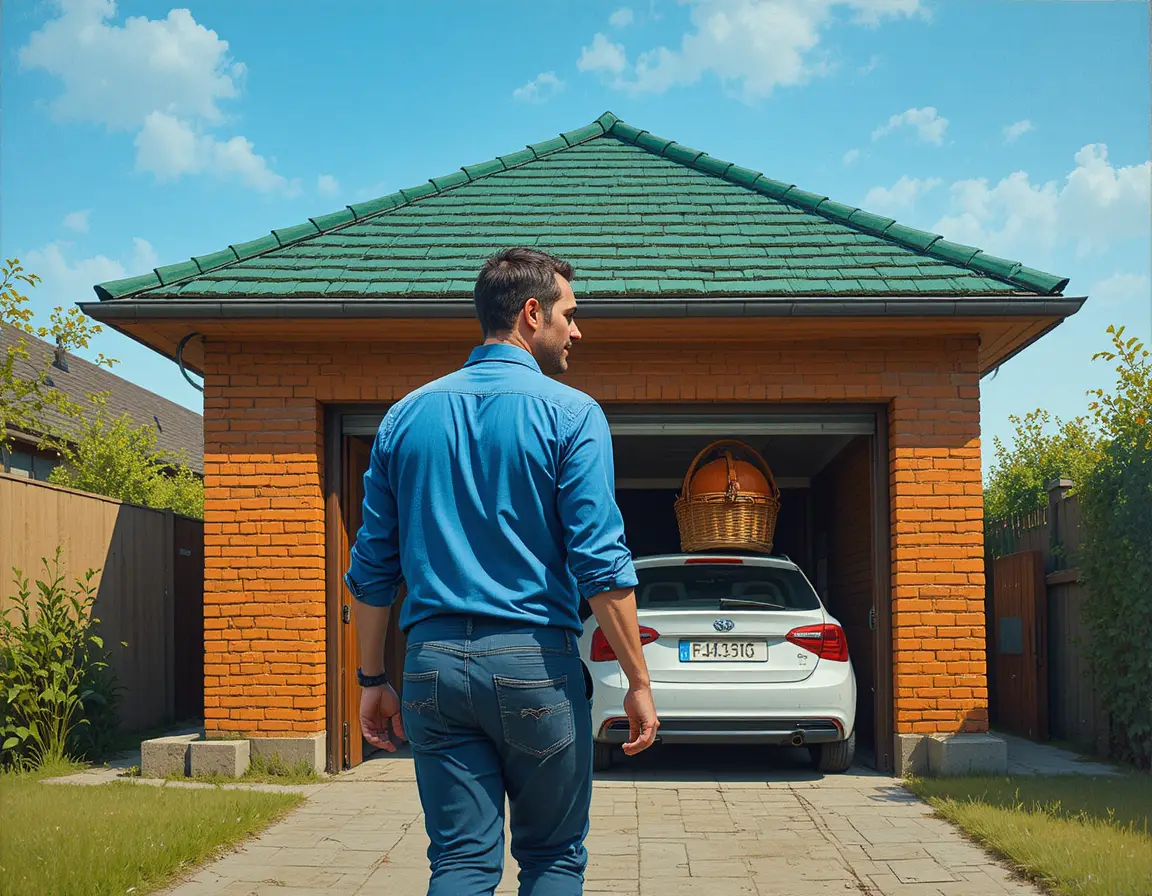 Man walking away from suburban house with stuck basketball hoop