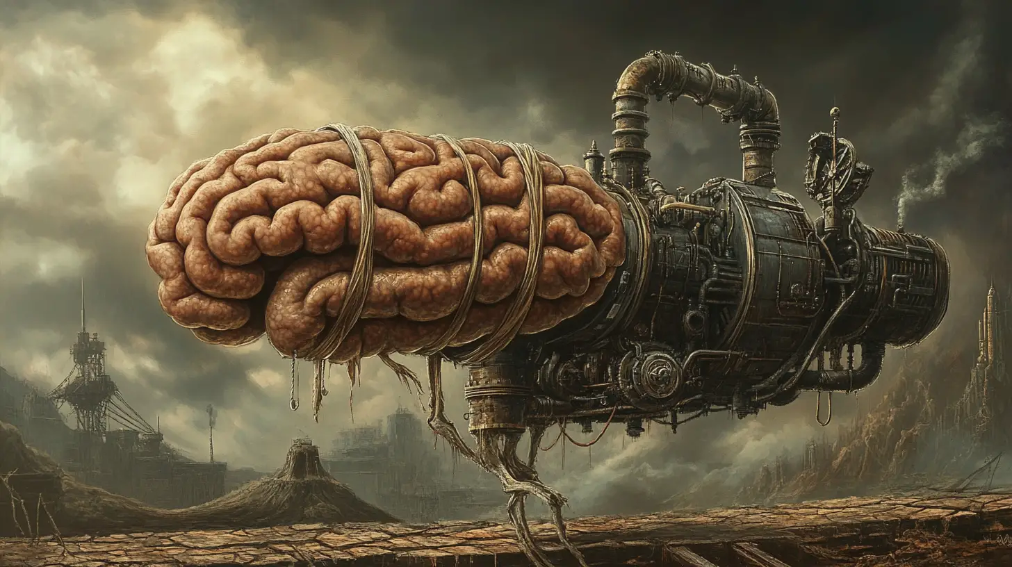 Cerveau surréaliste émergeant d’une machine à saucisses steampunk