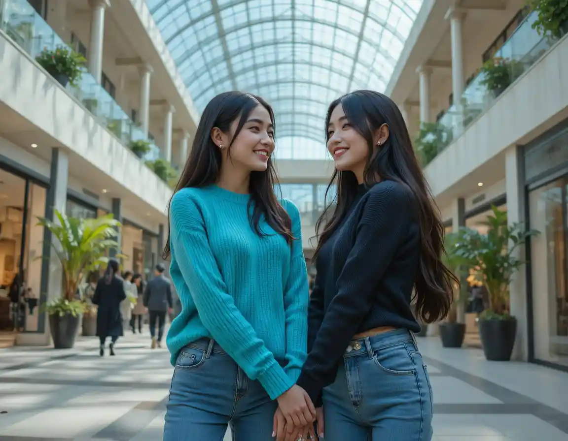 Due giovani donne che sorridono insieme in un centro commerciale moderno