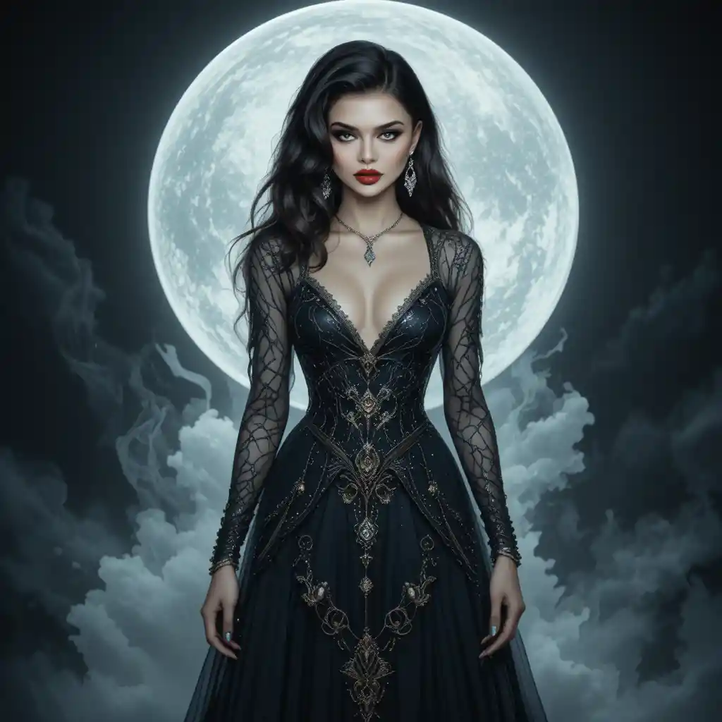 White haired woman in long dress before glowing full moon