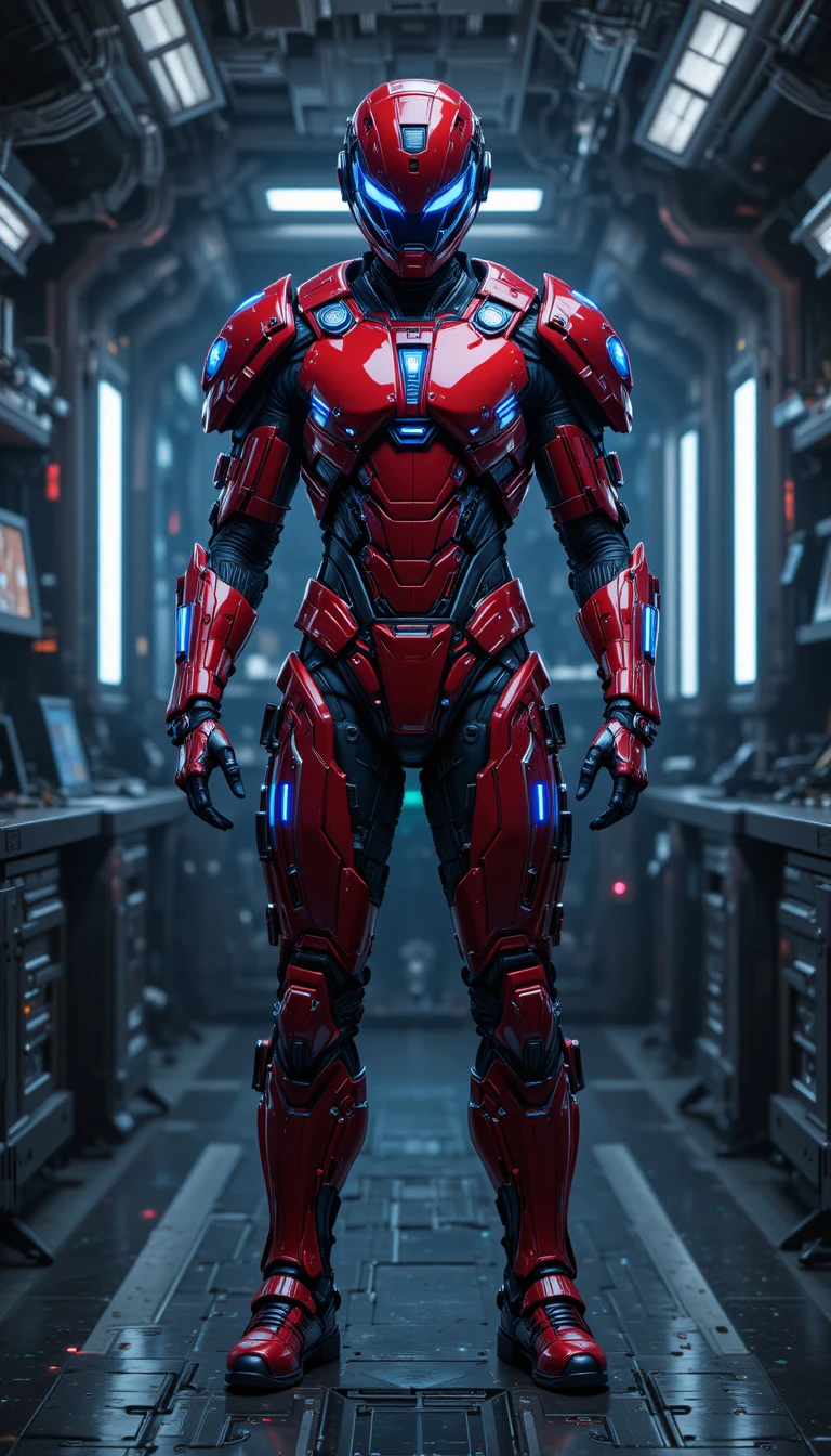 Futuristic armored warrior in red suit in high tech lab