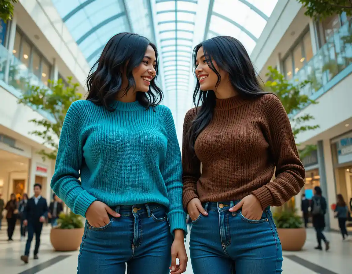 Two young women smiling together in a modern mall