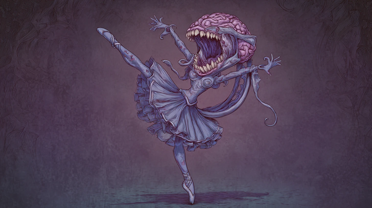 Surreal fae ballet dancer with monstrous stomach maw