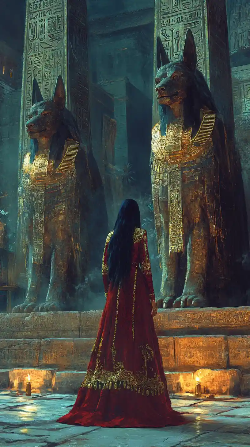 Egyptian queen in red abaya between colossal Anubis statues
