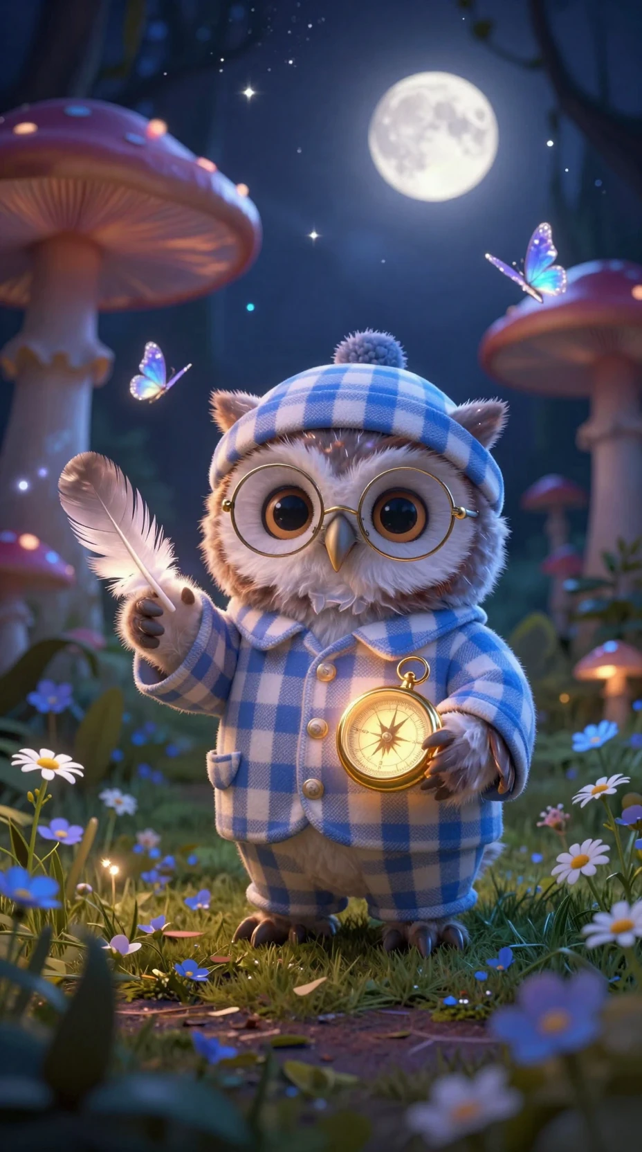 Búho diminuto en pijama con brújula mágica de noche