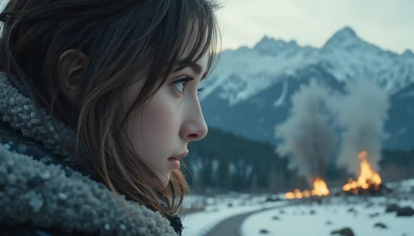 Young woman before a thawing mountain range in cinematic view