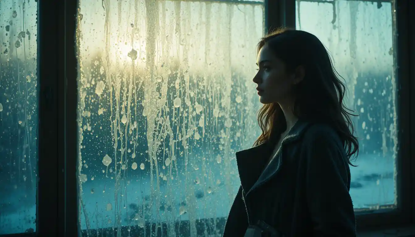 Young woman in profile at a frosted window with soft light
