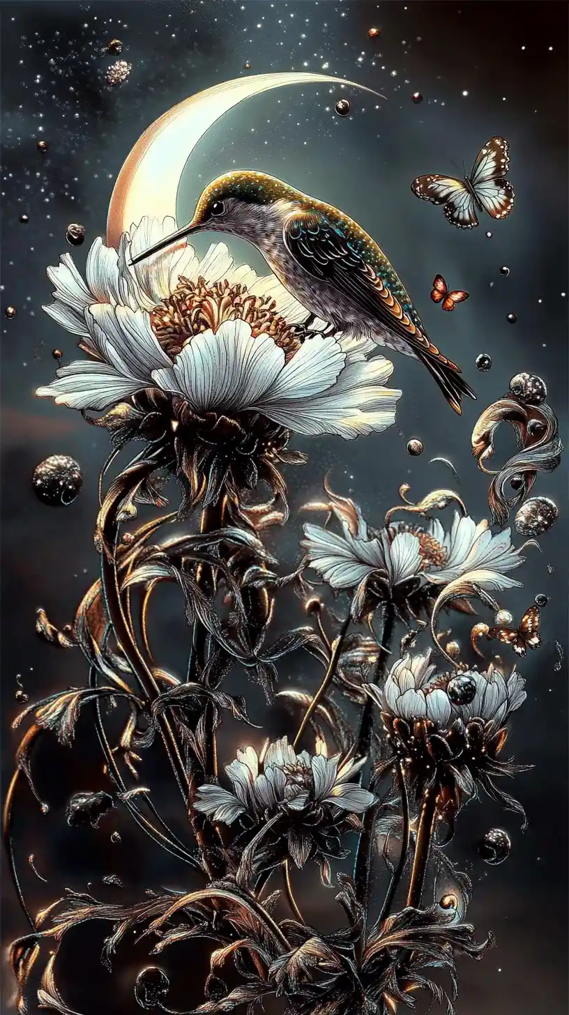 Hummingbird Line Art With Crescent Moon And Cosmos Flowers