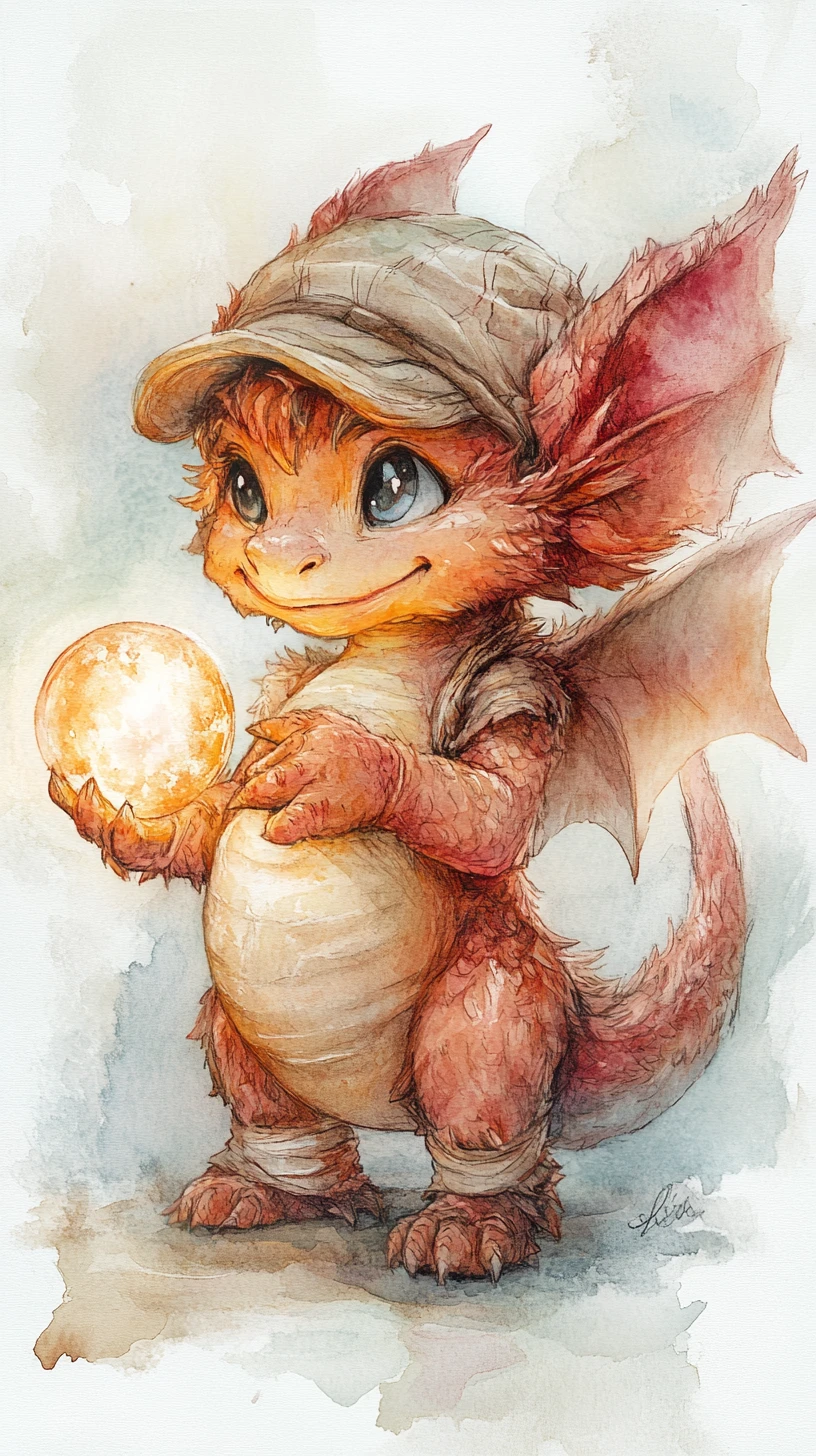 Tiny baby dragon with glowing belly and light orb