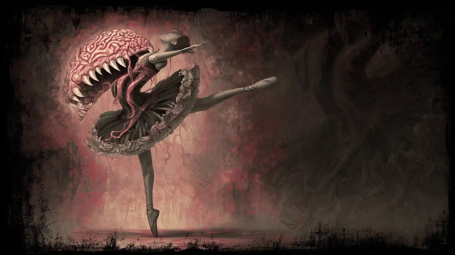 Surreal fae ballerina with monstrous teeth and exposed brain