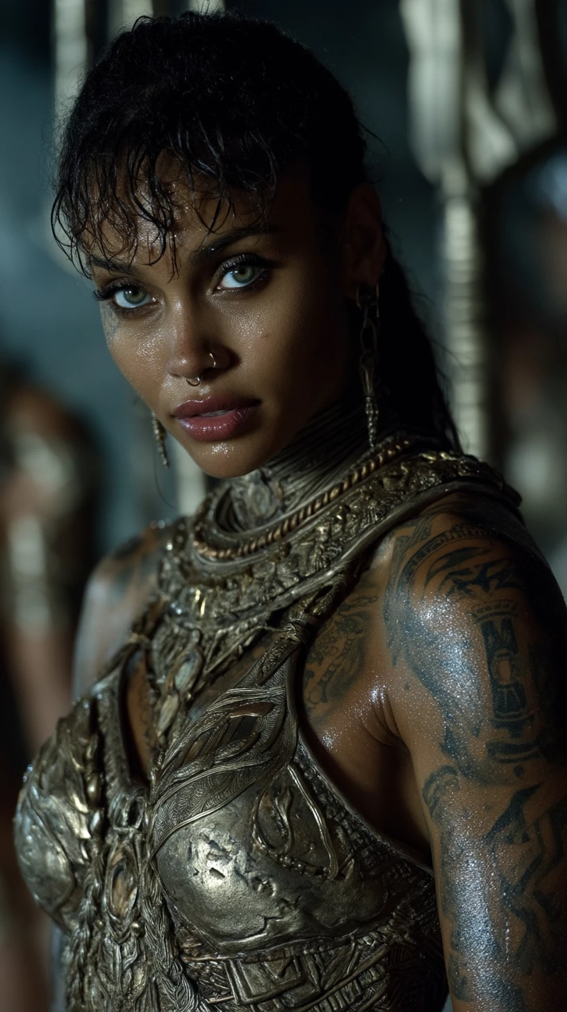Sci fi warrior woman in golden armor at ruined temple