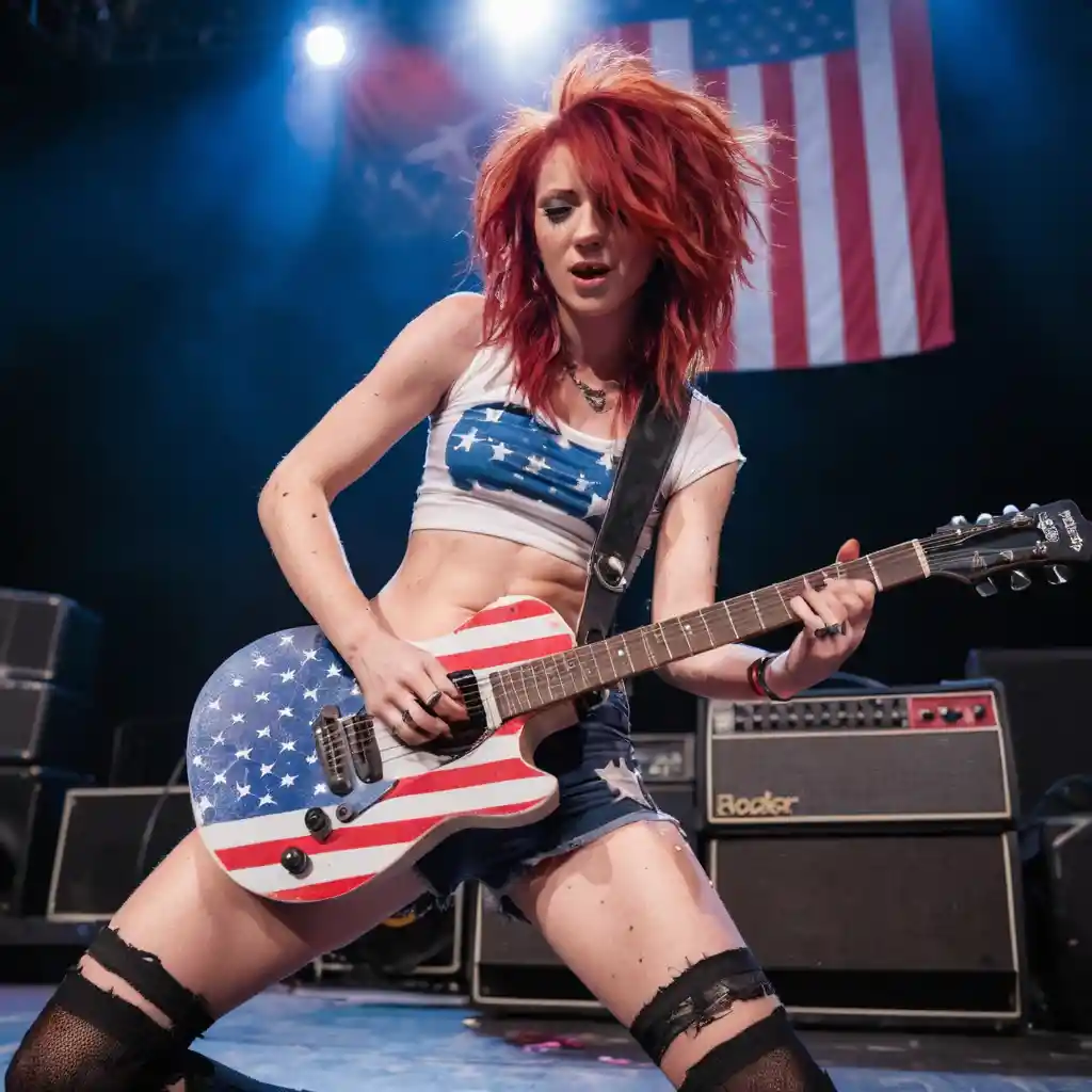 Rock woman smashing guitar on stage before cheering crowd