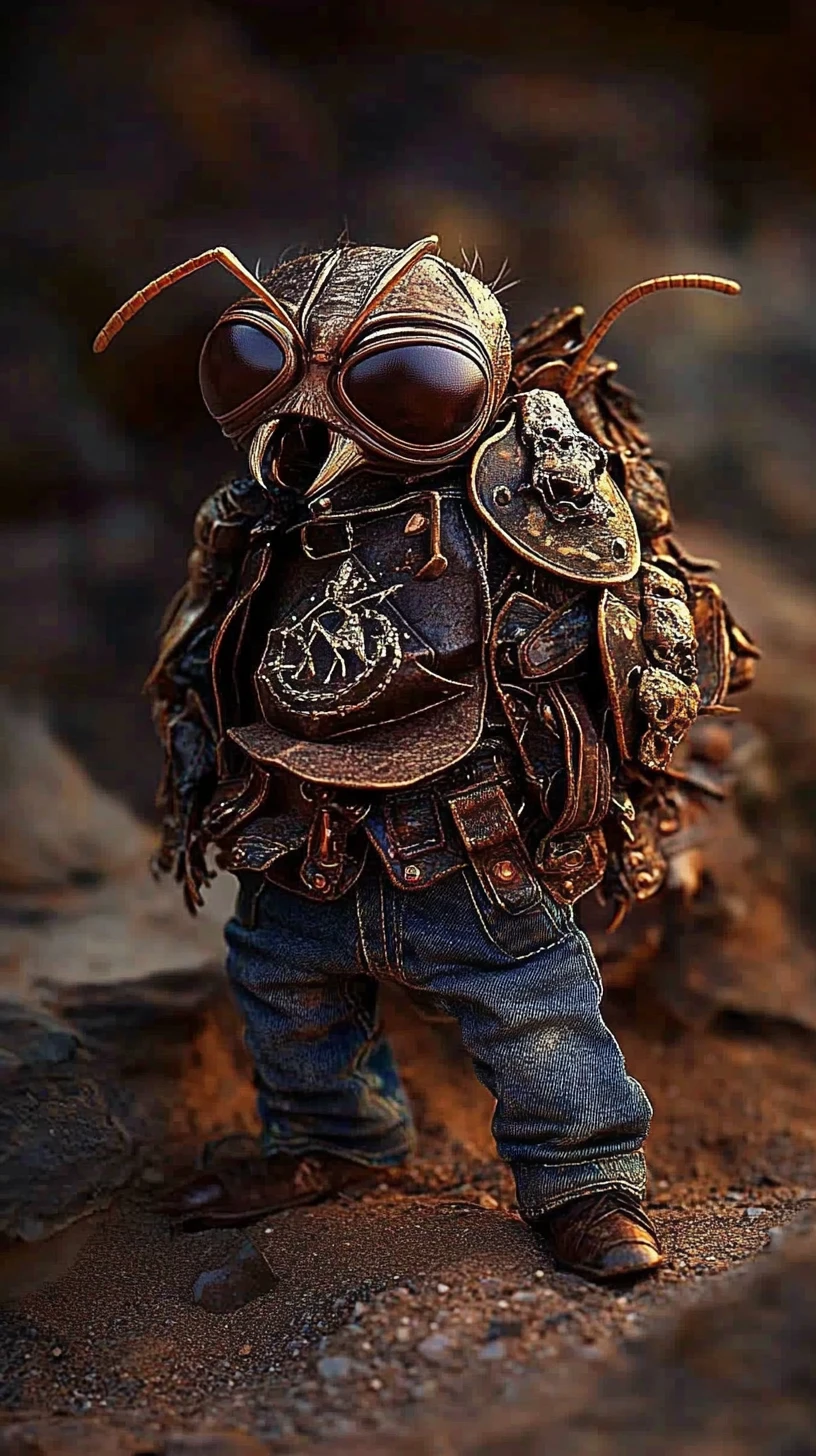 Tiny confident ant rock star with leather and denim