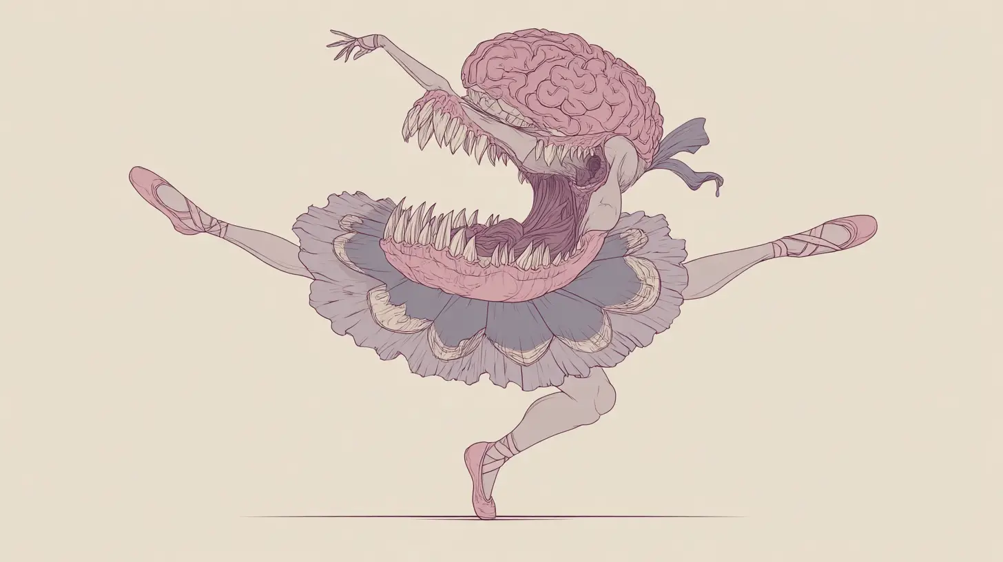 Ballerina fata surreale con cervello esposto e bocca nello stomaco