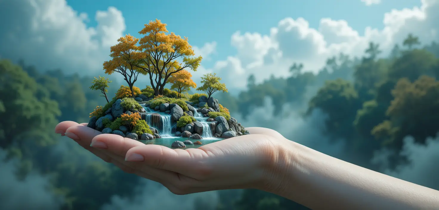 Primo piano macro 3D di una mano che regge una minuscola foresta