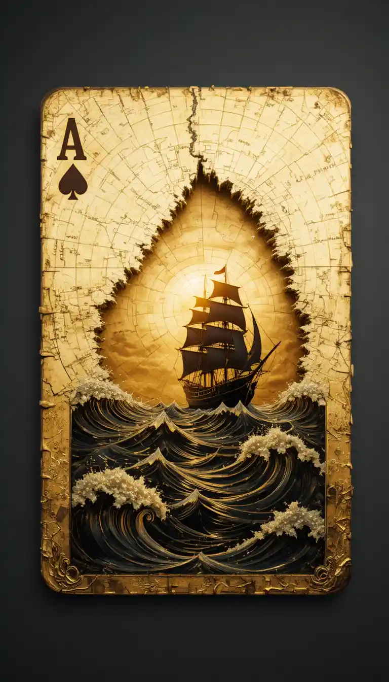 Minimal gold playing card with sea map and pirate ship