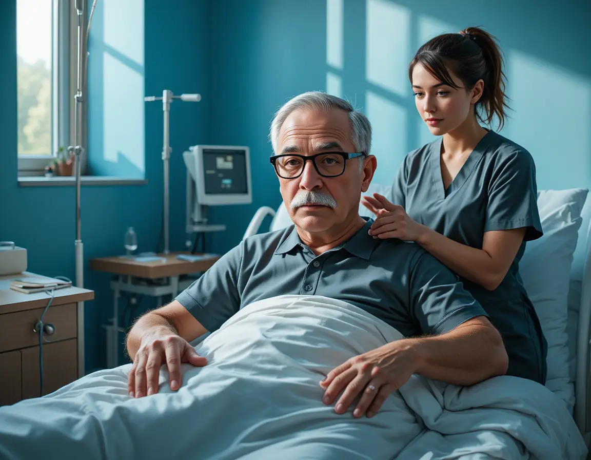Elderly male patient with nurse in a calm hospital room