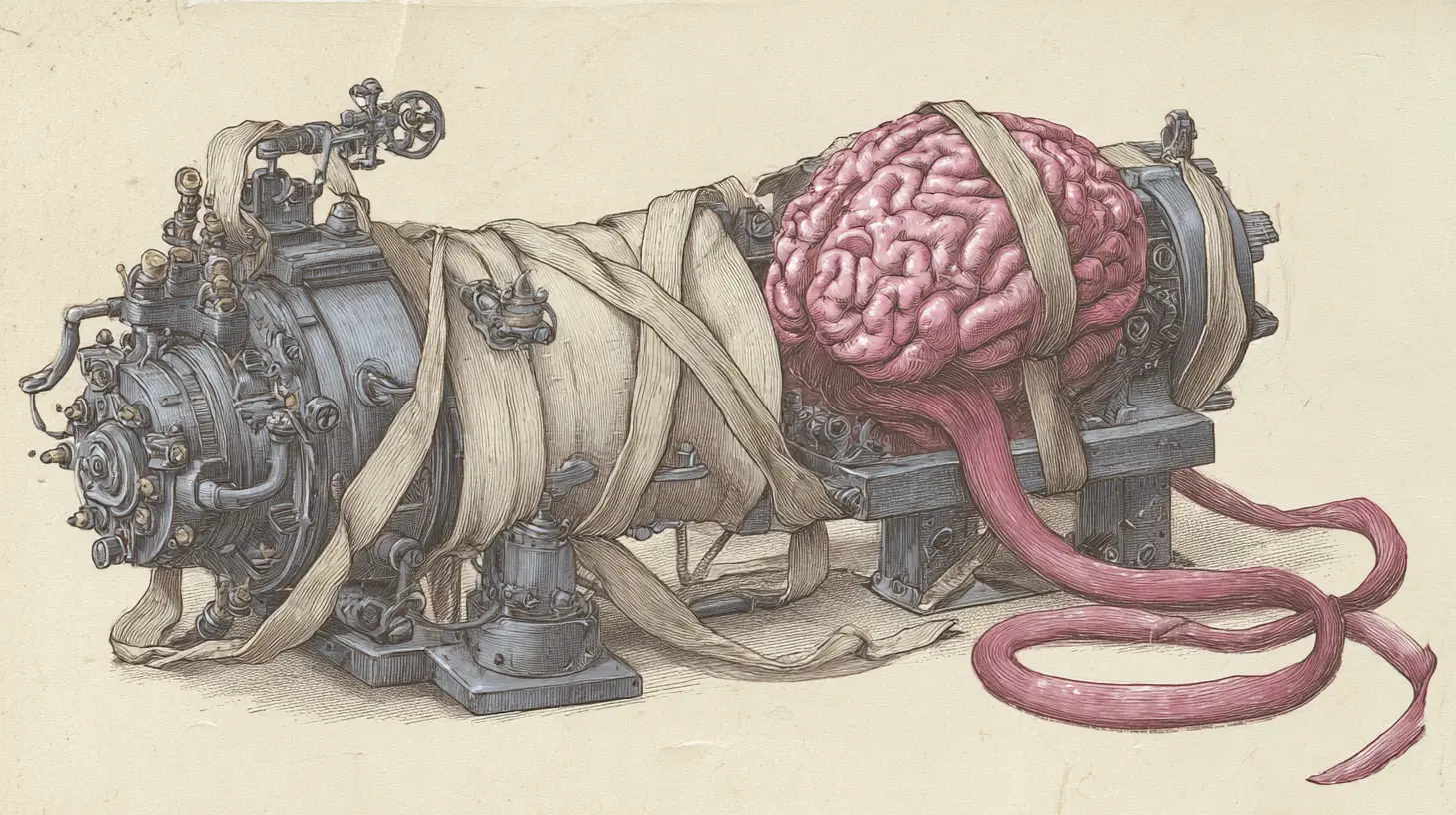 Cerveau surréaliste émergeant d’une machine à saucisses steampunk
