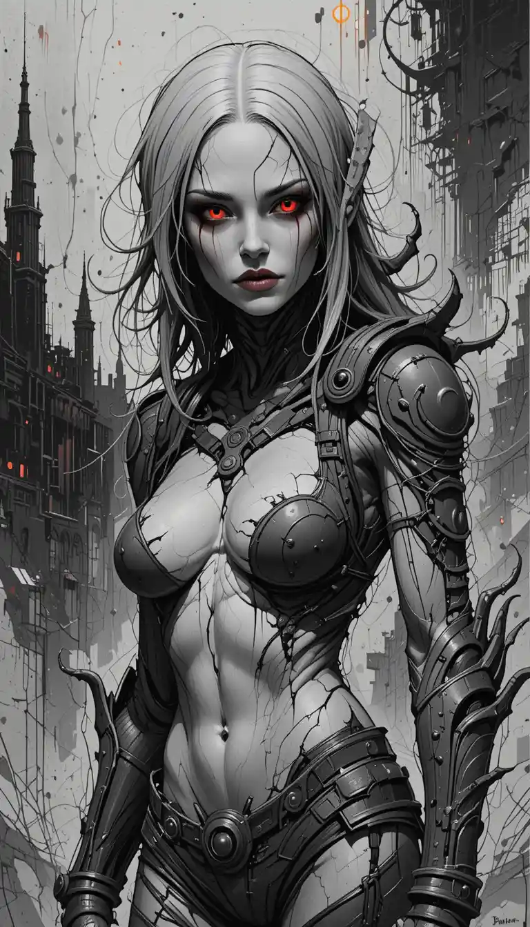 Alien warrior woman with red eyes in armored gear