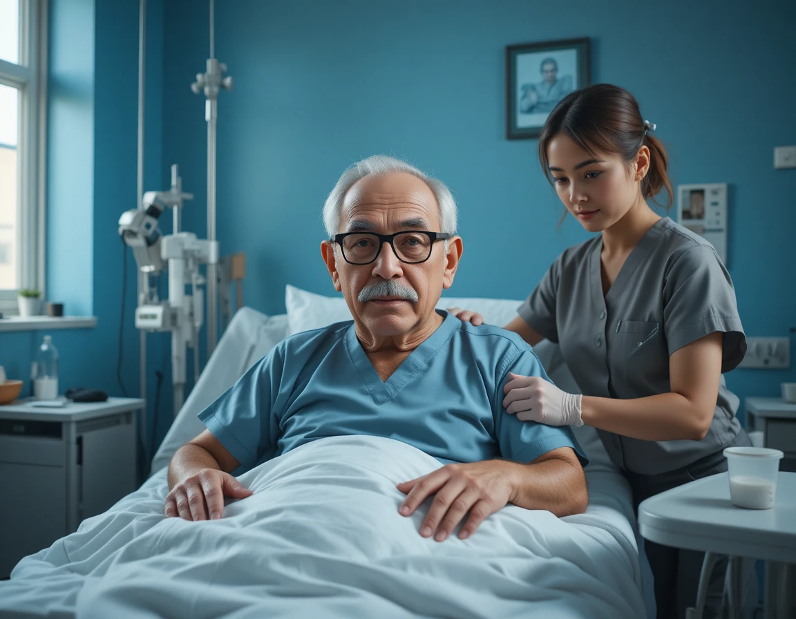Elderly patient and nurse in a calm hospital room