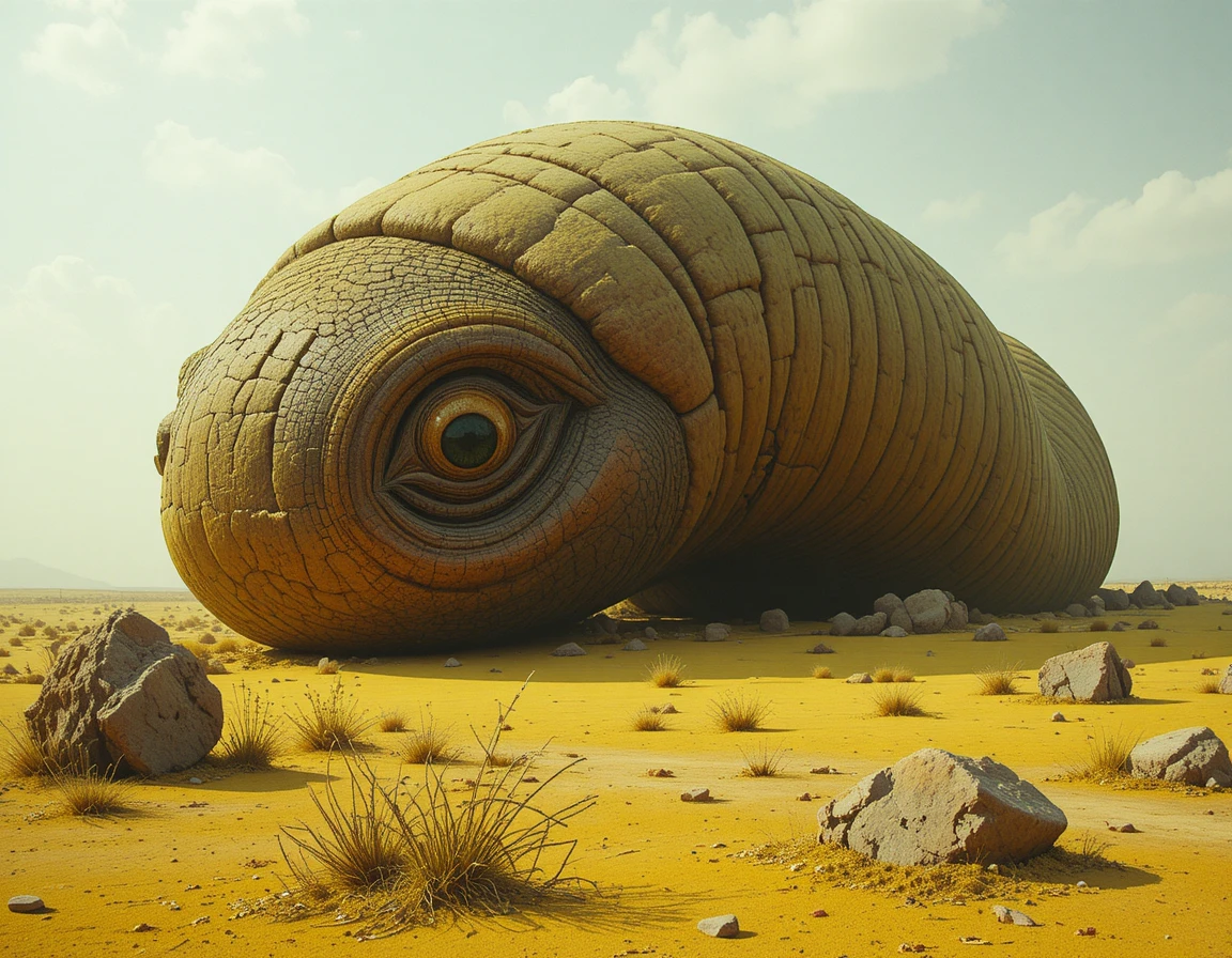 Surreal digital caterpillar in a strange yellow desert