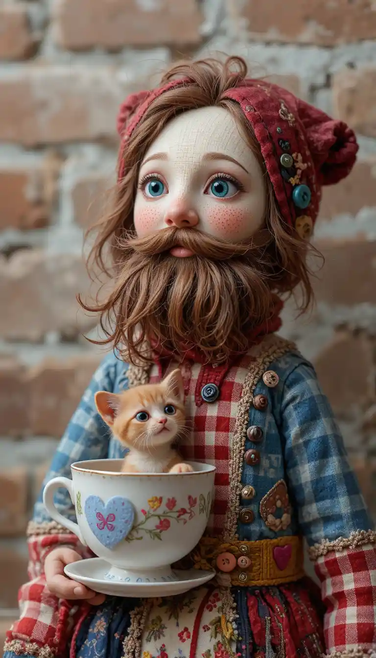 Cute kitten in a teacup with vintage patchwork details