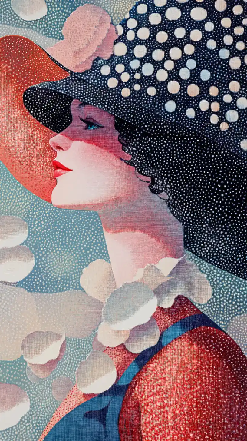 Surreal pointillist woman emerging from abstract patterned space