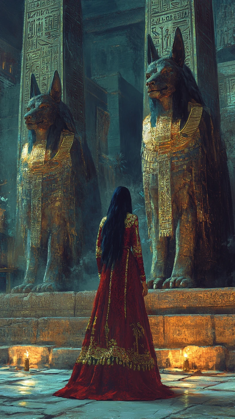 Egyptian queen in red abaya between colossal Anubis statues