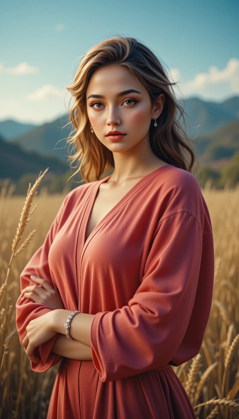 Confident sunlit woman in cinematic medium length portrait