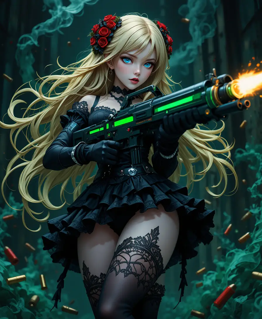Anime girl firing futuristic gun in dark energy storm