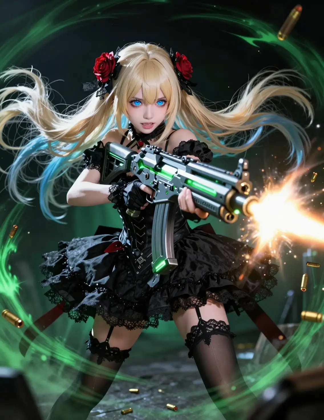 Anime girl firing a massive futuristic machine gun