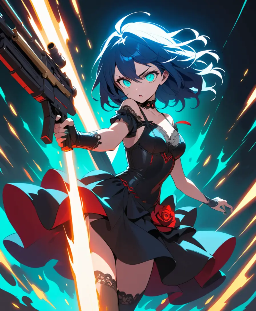 Anime girl firing futuristic machine gun in dark energy