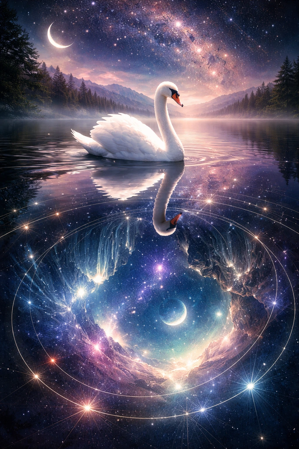 Elegant swan gliding across a perfectly reflective surreal lake