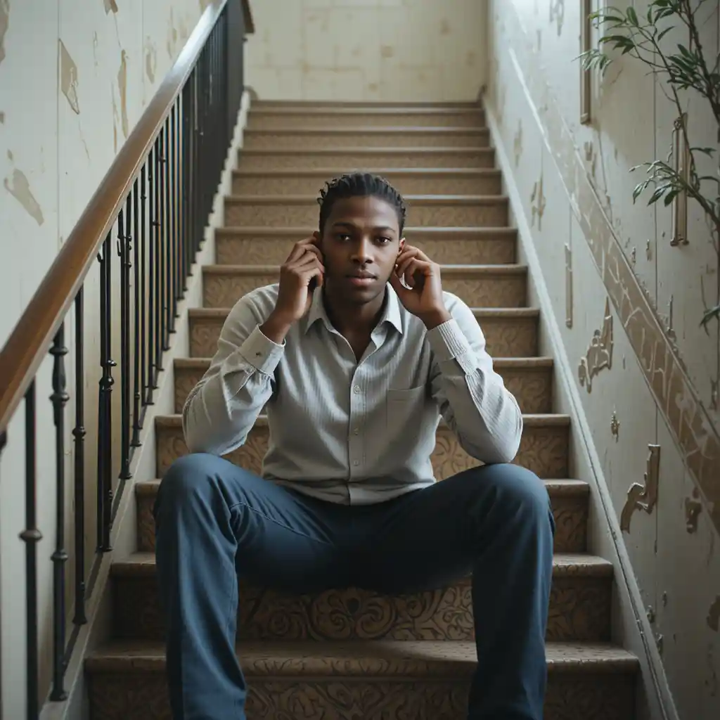 Man sitting on a staircase while talking on his phone