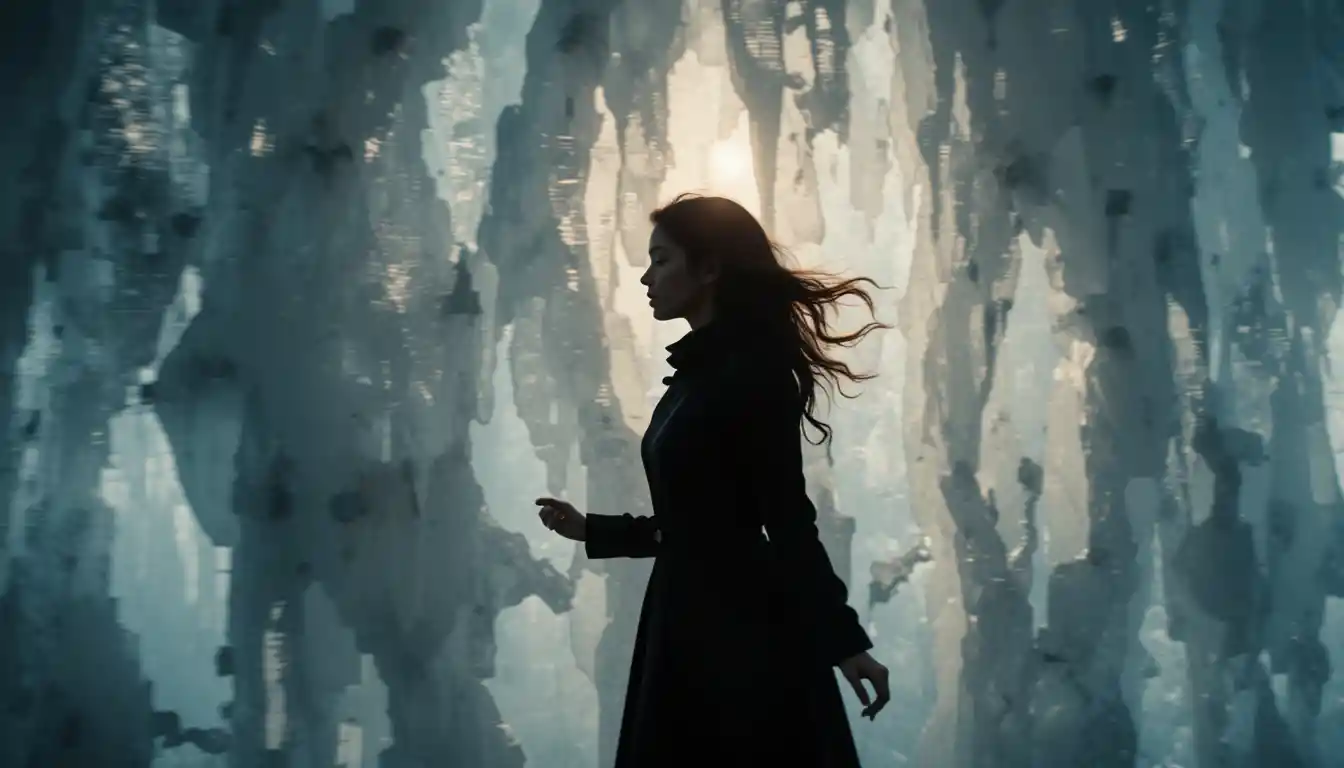 Silhouette di una giovane donna che corre oltre un muro di ghiaccio illuminato