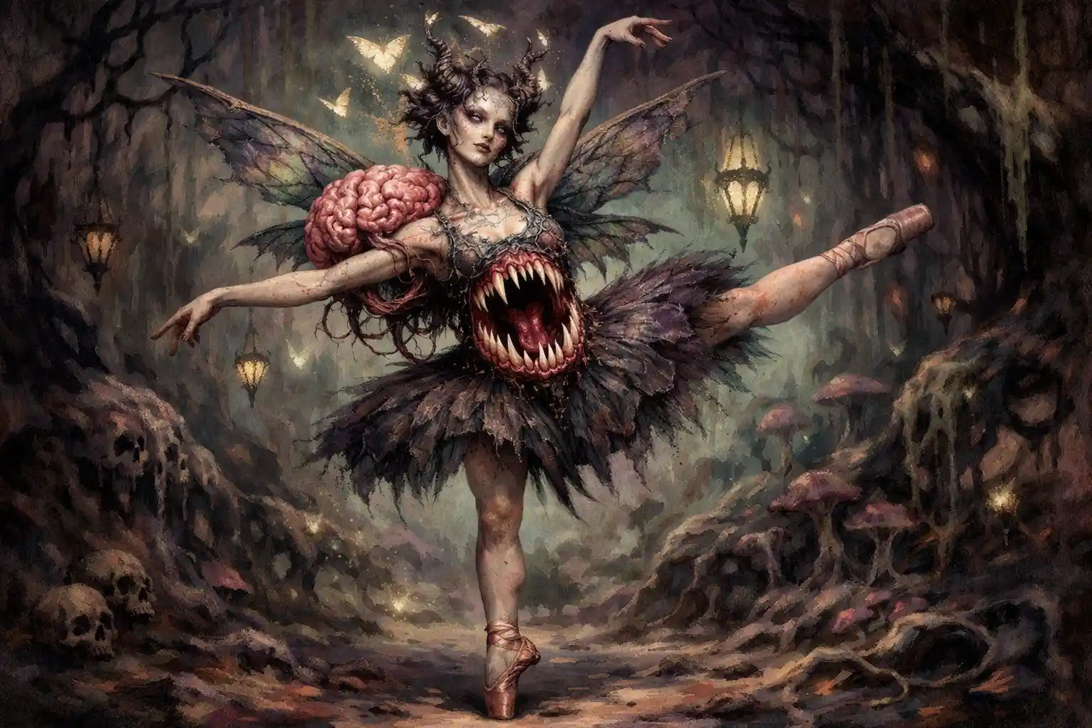 Surreale Feenballerina mit monströsem Bauchmaul