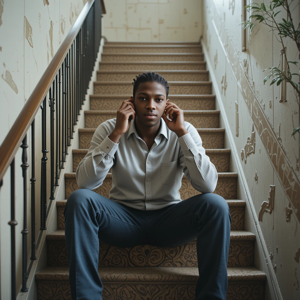 Man sitting on a staircase while talking on his phone