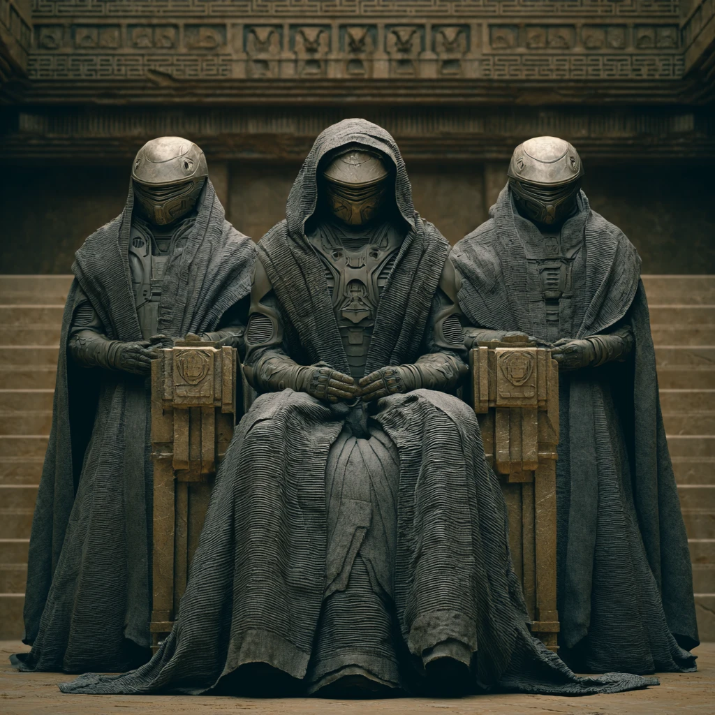 Cinematic group of ninjas in a dark sci fi throne room