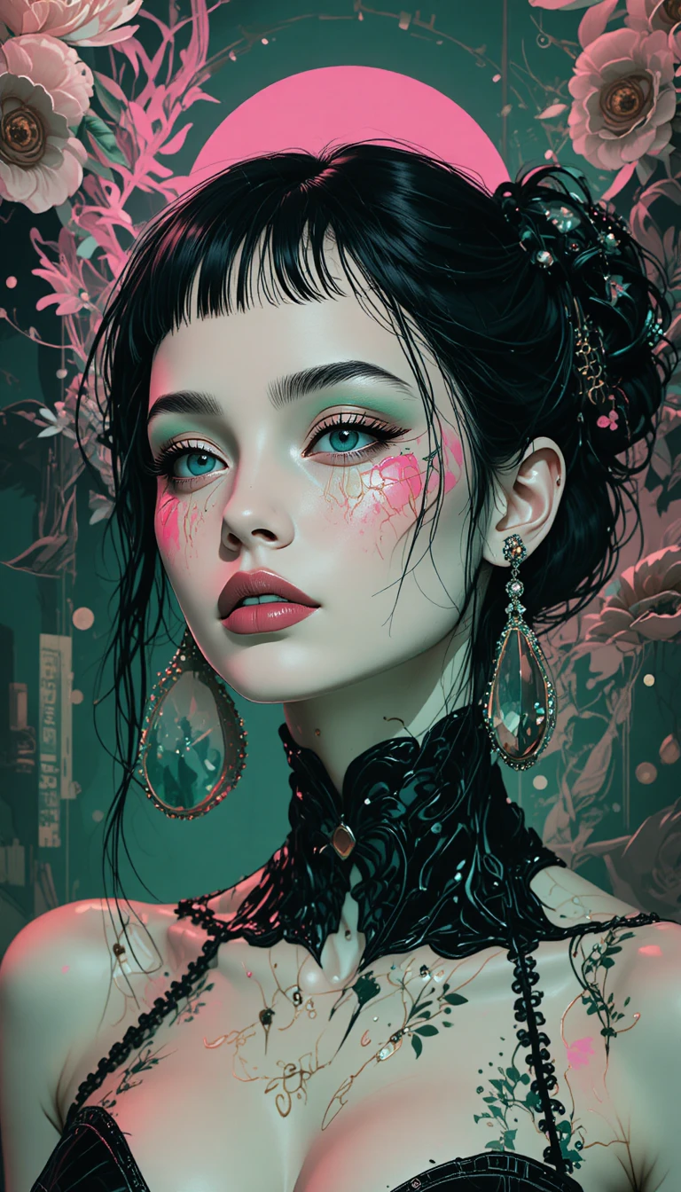 Futuristic woman in surreal pink and green dreamscape