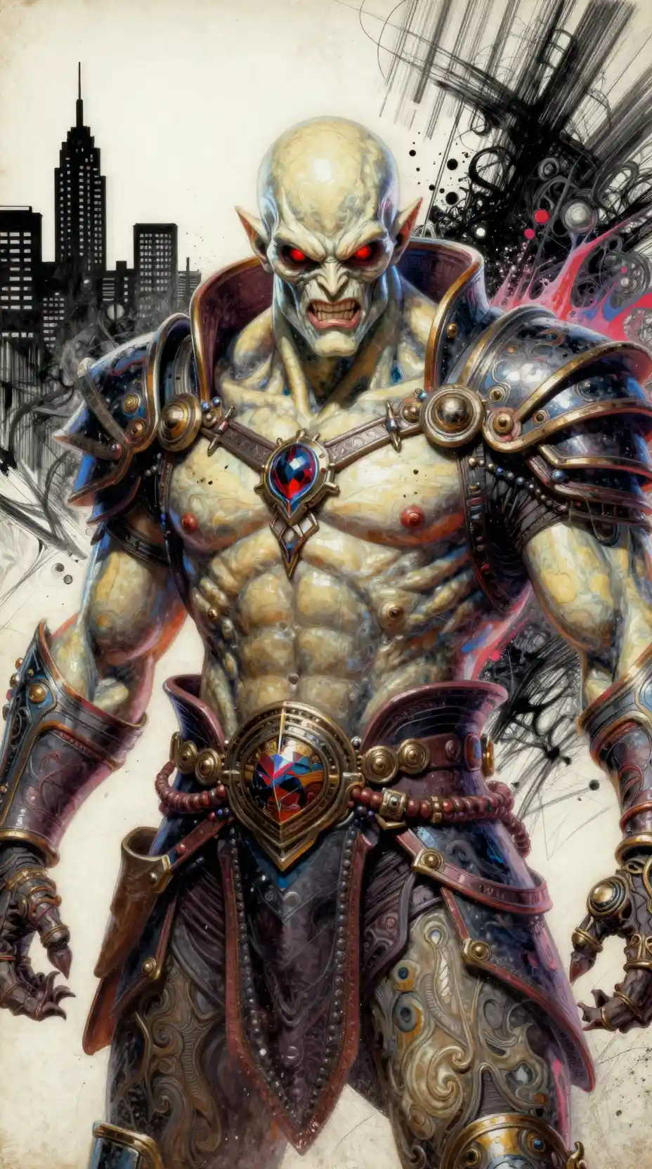 Surreal armored warrior with red eyes in abstract chaos