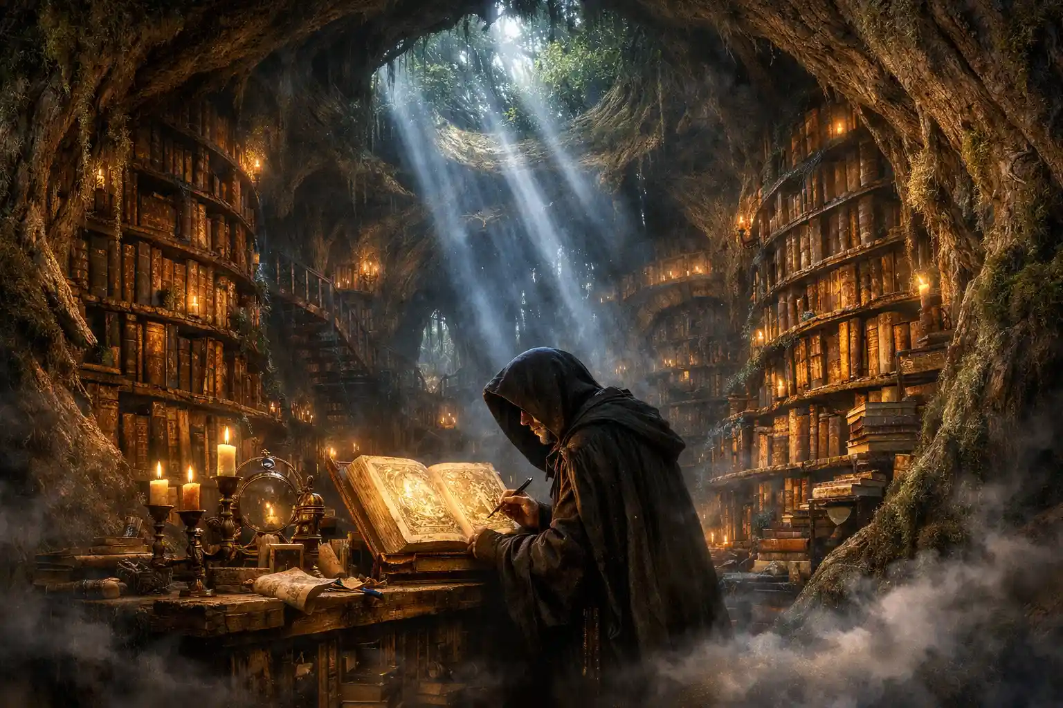 Surreal Tree Library Bathed In Moonlit Forest Glow