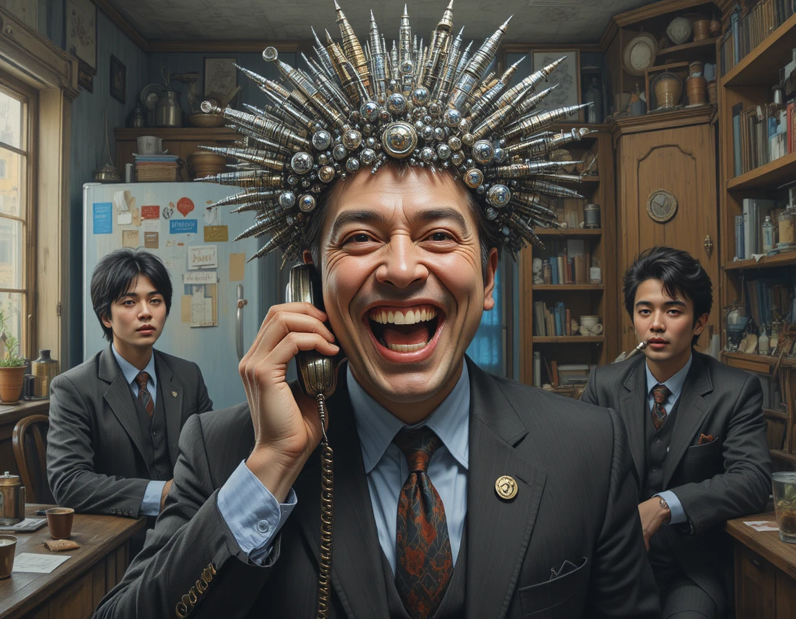 Laughing man with razor hair on the phone in kitchen