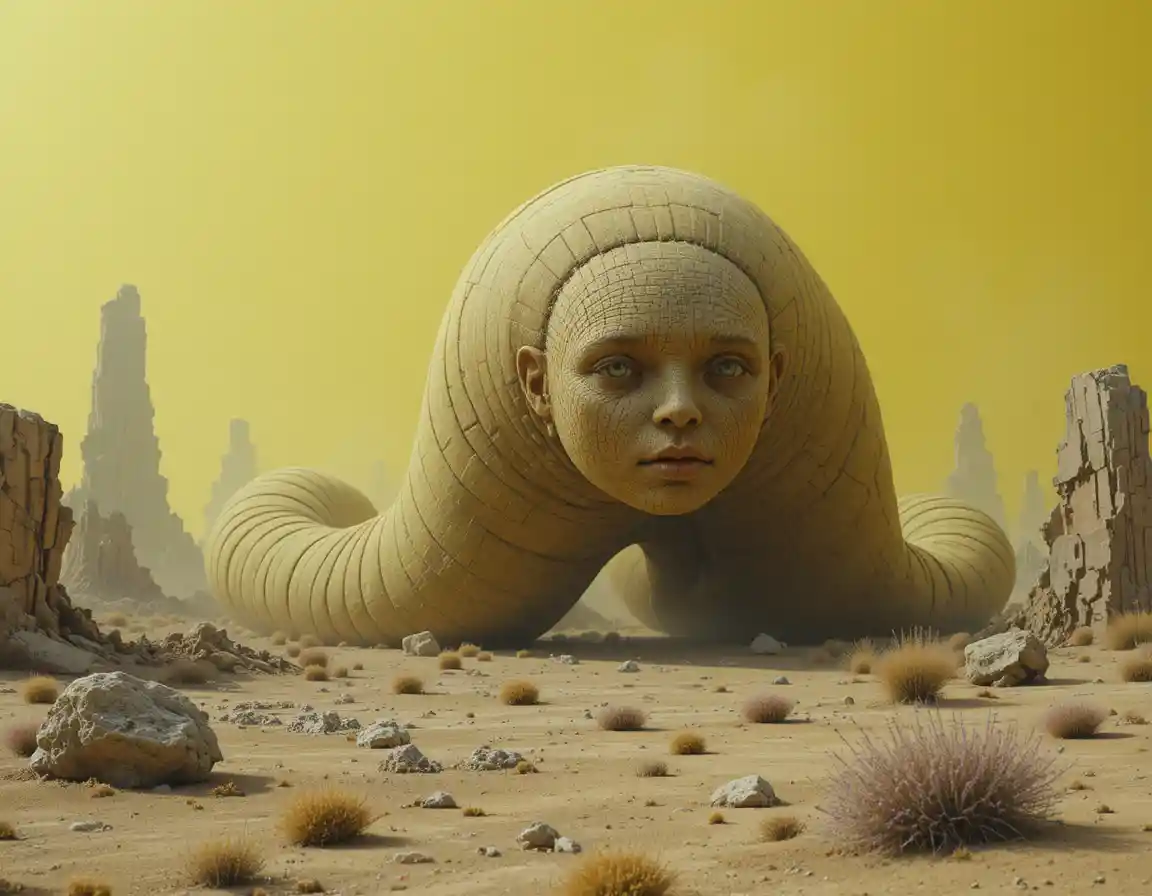 Giant naive caterpillar wandering across surreal desert terrain