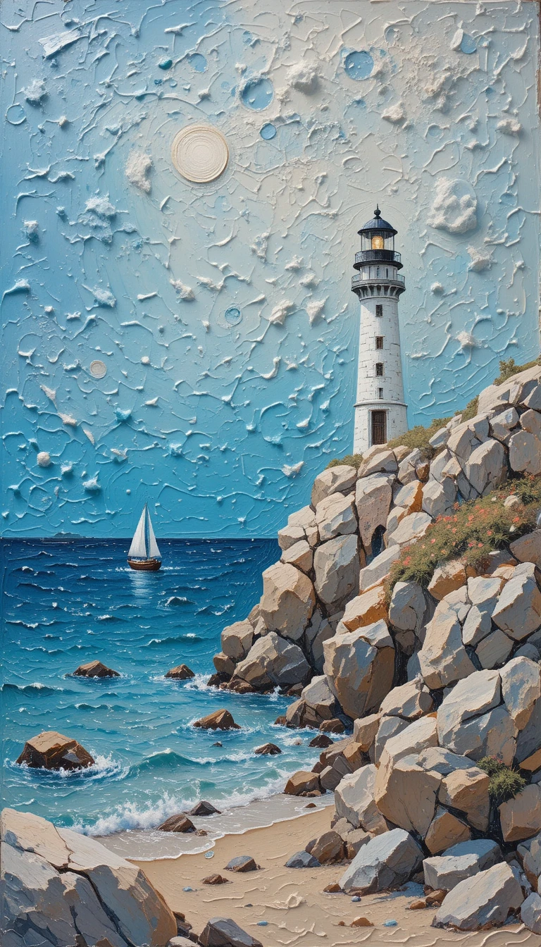 Oil painting of a lighthouse by the sea with sailboat