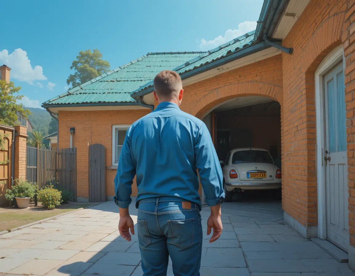 Man walking away from suburban house at sunny driveway