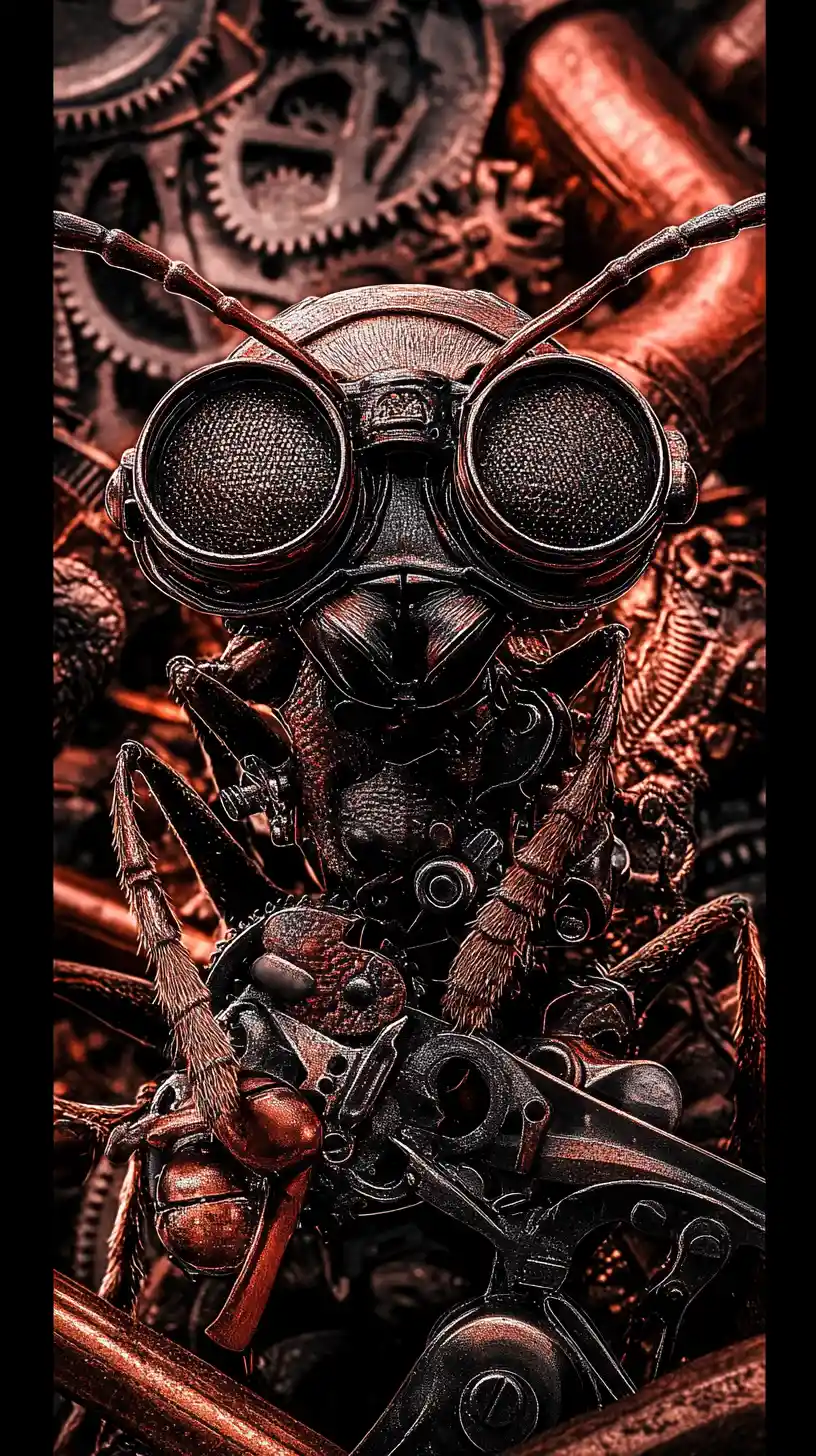 Steampunk Ant With Goggles Among Pipes And Clockwork