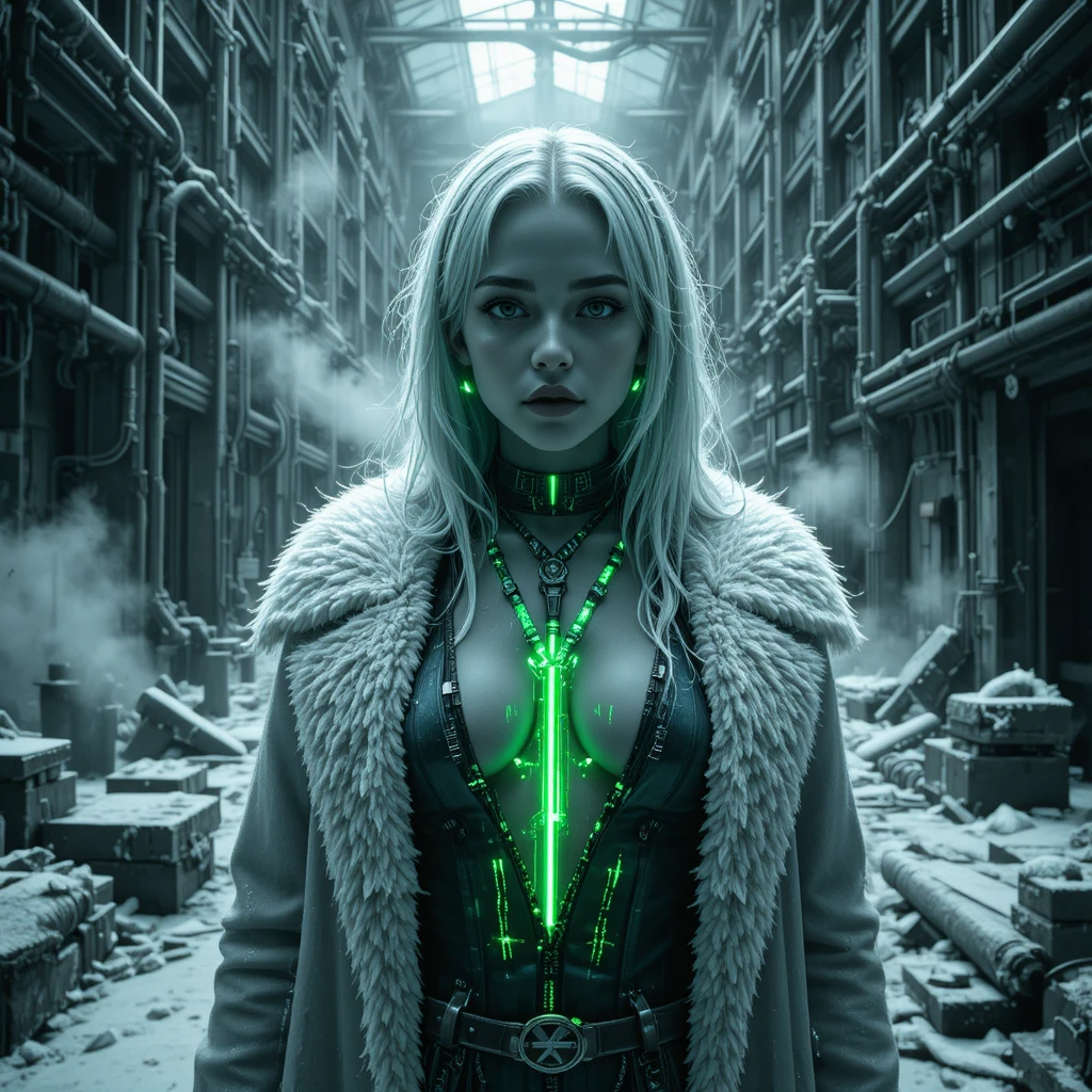 Neon lit woman in frozen factory with glitching shadows