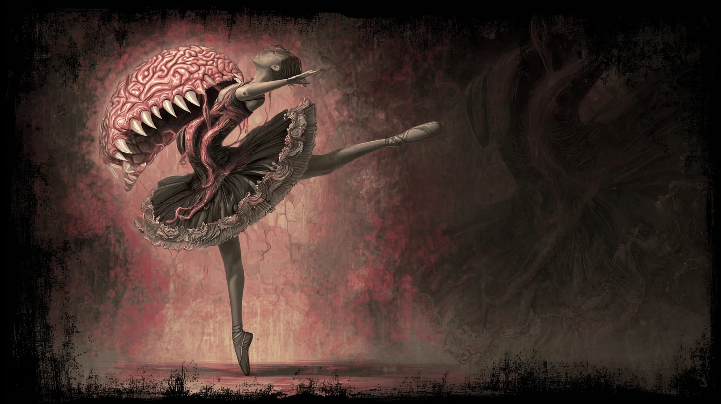 Surreal fae ballerina with monstrous teeth and exposed brain